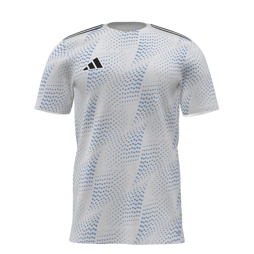 White athletic shirt with a light blue wavy halftone pattern, black stripes on the shoulders, and a black Adidas logo on the chest.