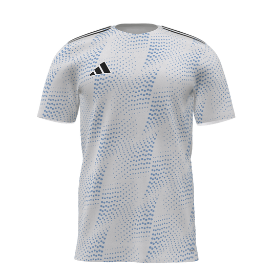 White athletic shirt with a light blue wavy halftone pattern, black stripes on the shoulders, and a black Adidas logo on the chest.