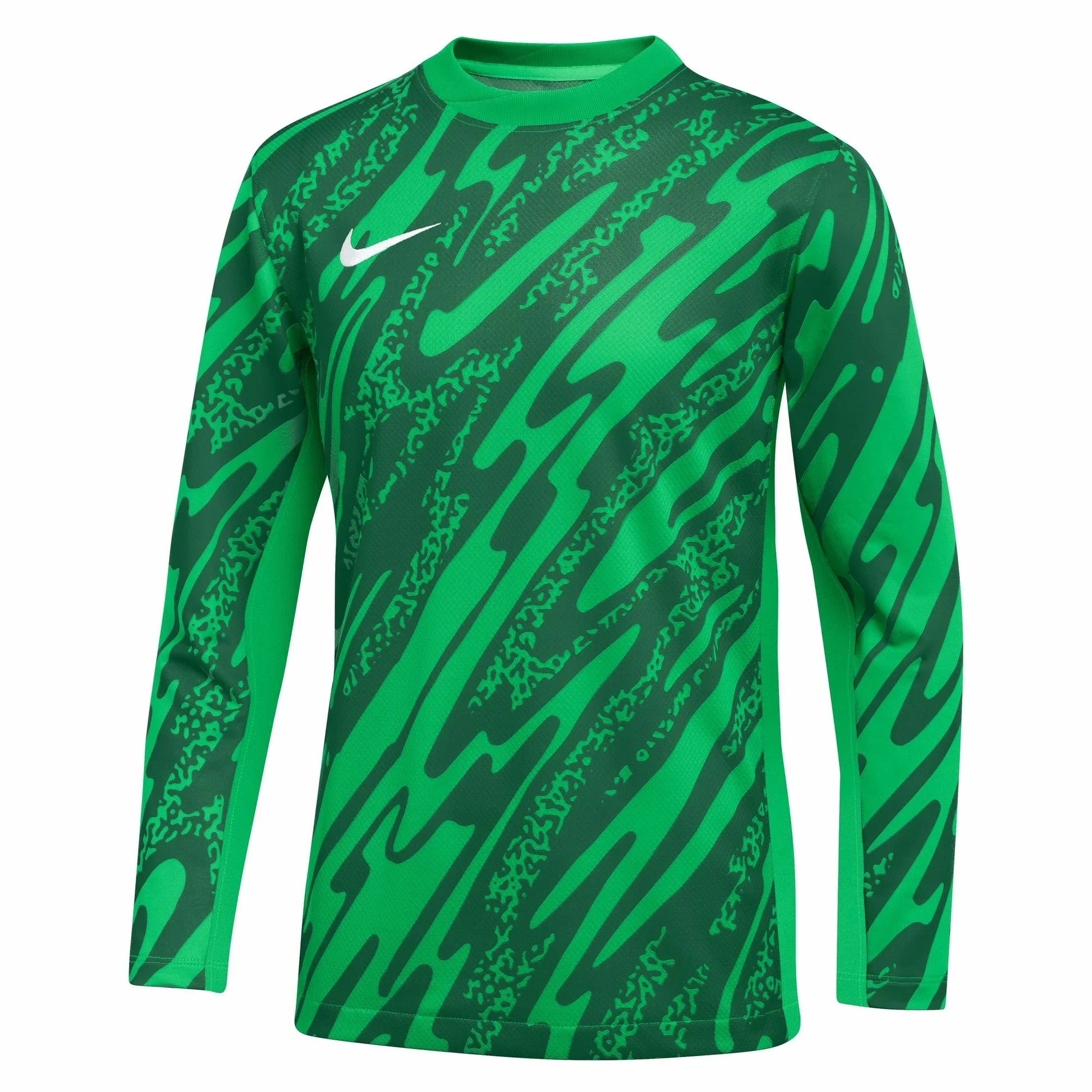 Green Nike long-sleeved athletic shirt with an abstract diagonal wavy pattern in various shades of green.
