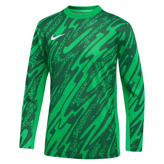 Green Nike long-sleeved athletic shirt with an abstract diagonal wavy pattern in various shades of green.