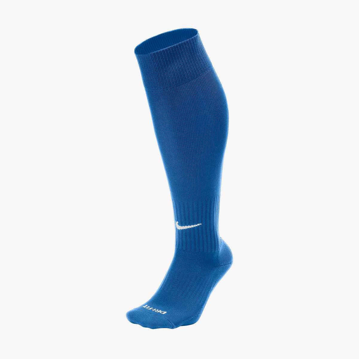 A blue Nike knee-high athletic sock with a white swoosh on the shin and "DRI-FIT" text on the toe, displayed against a white background.