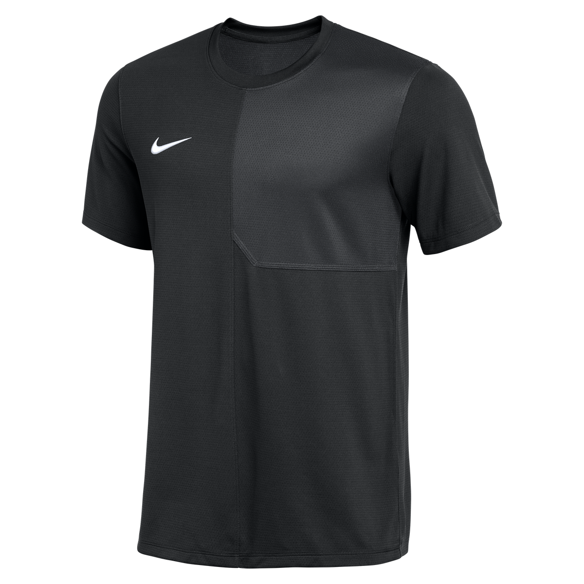 A black short-sleeved Nike performance shirt featuring a white swoosh on the right chest and a textured tonal panel on the left. Made from breathable mesh with a crew neckline.