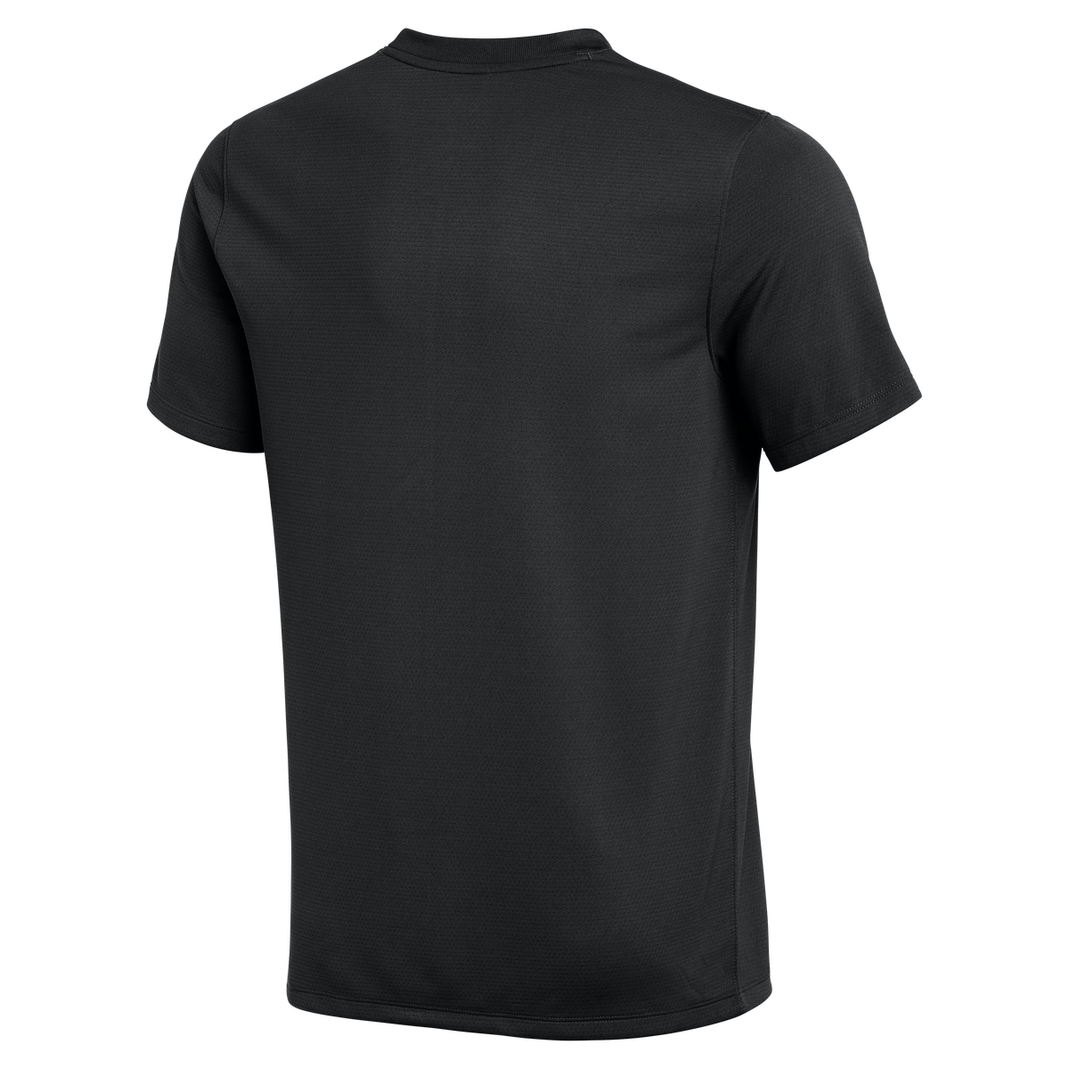 Back view of a plain black short-sleeved t-shirt featuring a ribbed crew neck and a subtle textured fabric.