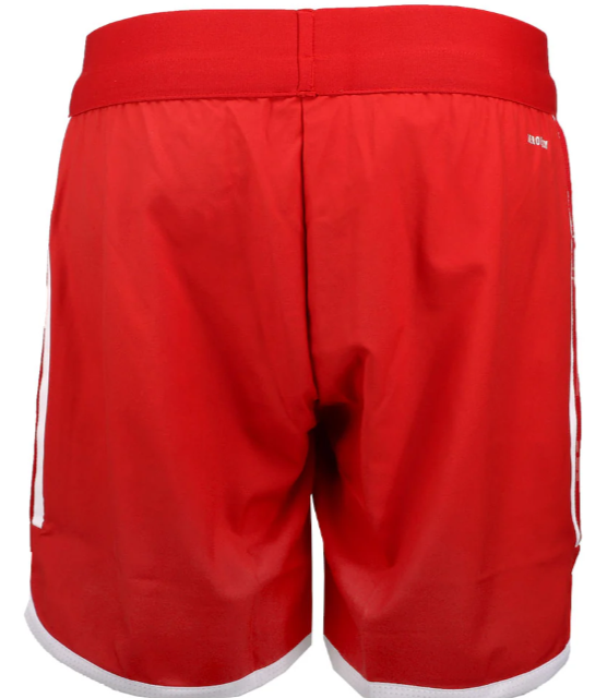 Rear view of red athletic shorts with white side stripes and white hem trim. Features an elastic waistband and small AEROREADY logo on the back hip.