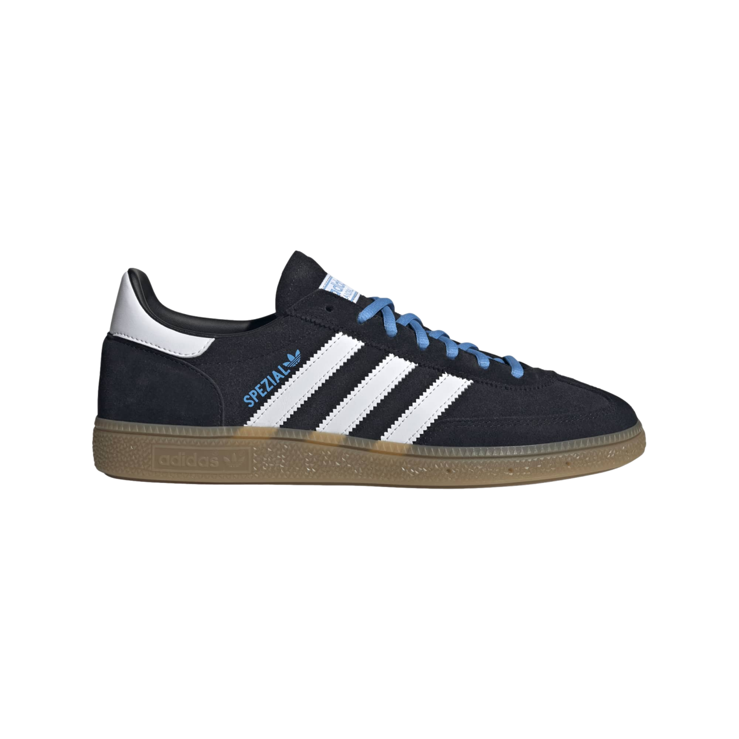 Profile view of an Adidas Spezial sneaker with a navy blue suede upper, three white stripes, light blue laces, and a gum rubber sole.
