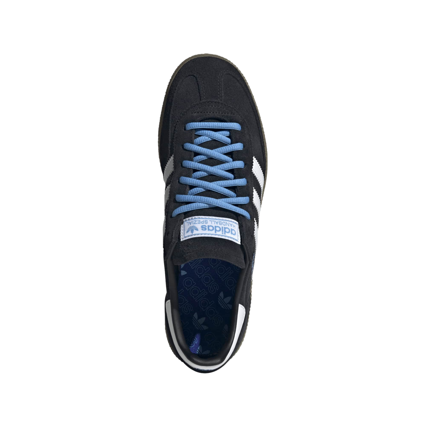 Top-down view of a black adidas Handball Spezial sneaker with light blue laces and white stripes, set against a black background.