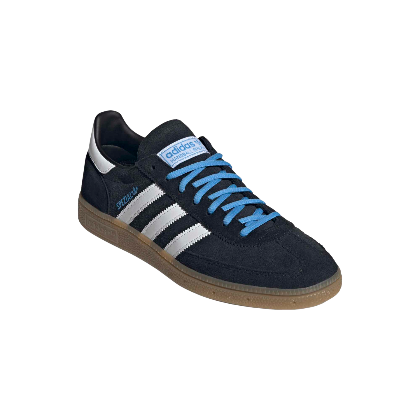 Adidas Handball Spezial sneaker featuring a navy suede upper, white serrated stripes, bright blue laces, and a classic gum rubber sole.