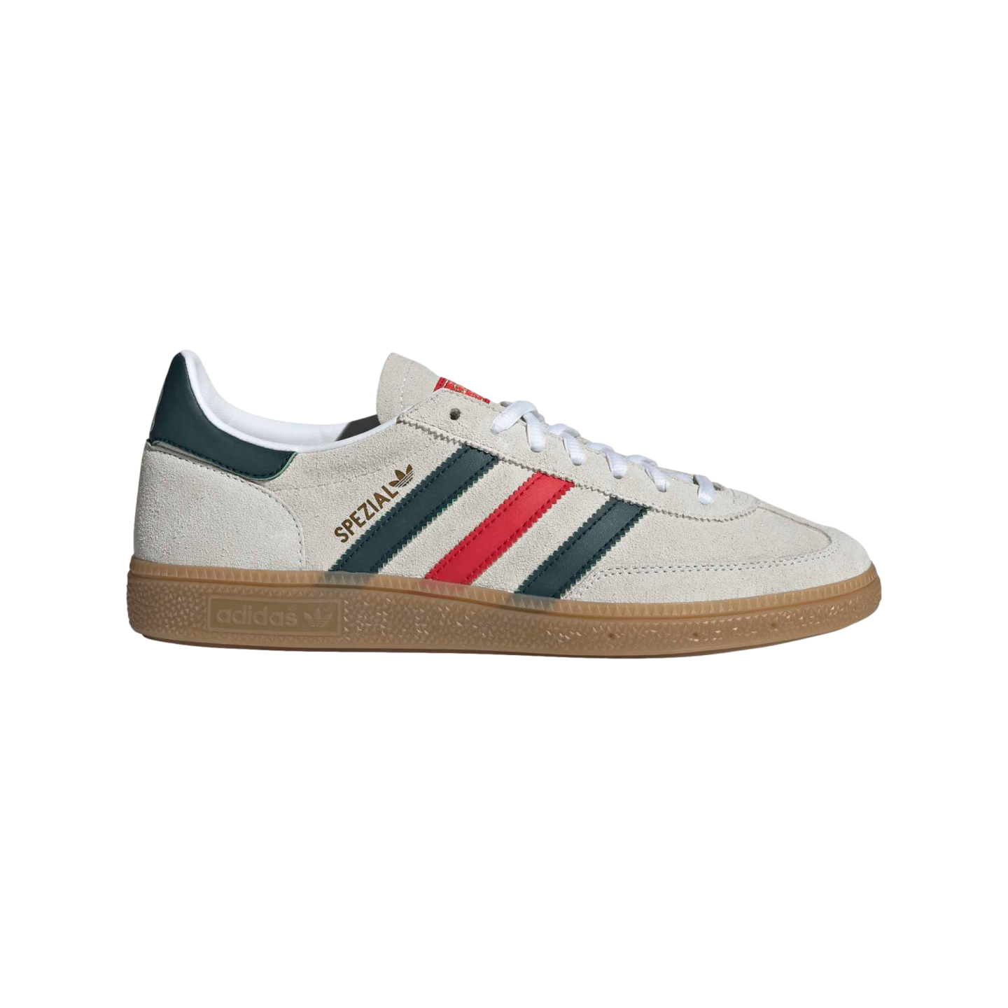 A side profile of an Adidas Handball Spezial sneaker featuring an off-white suede upper, green and red stripes, and a gum rubber sole against a black background.