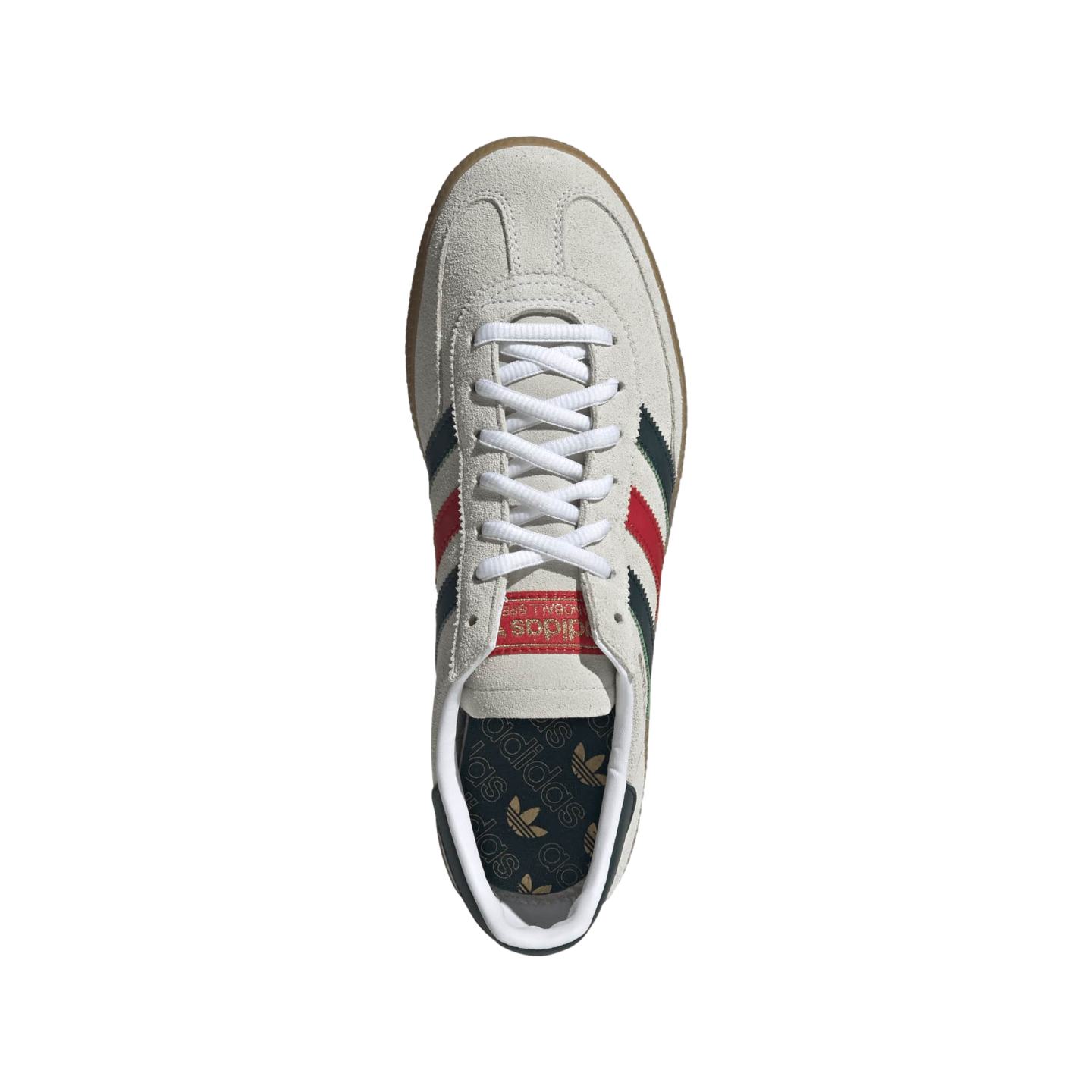 Top-down view of a light grey suede Adidas shoe with dark green and red stripes and white laces, centered on a black background.