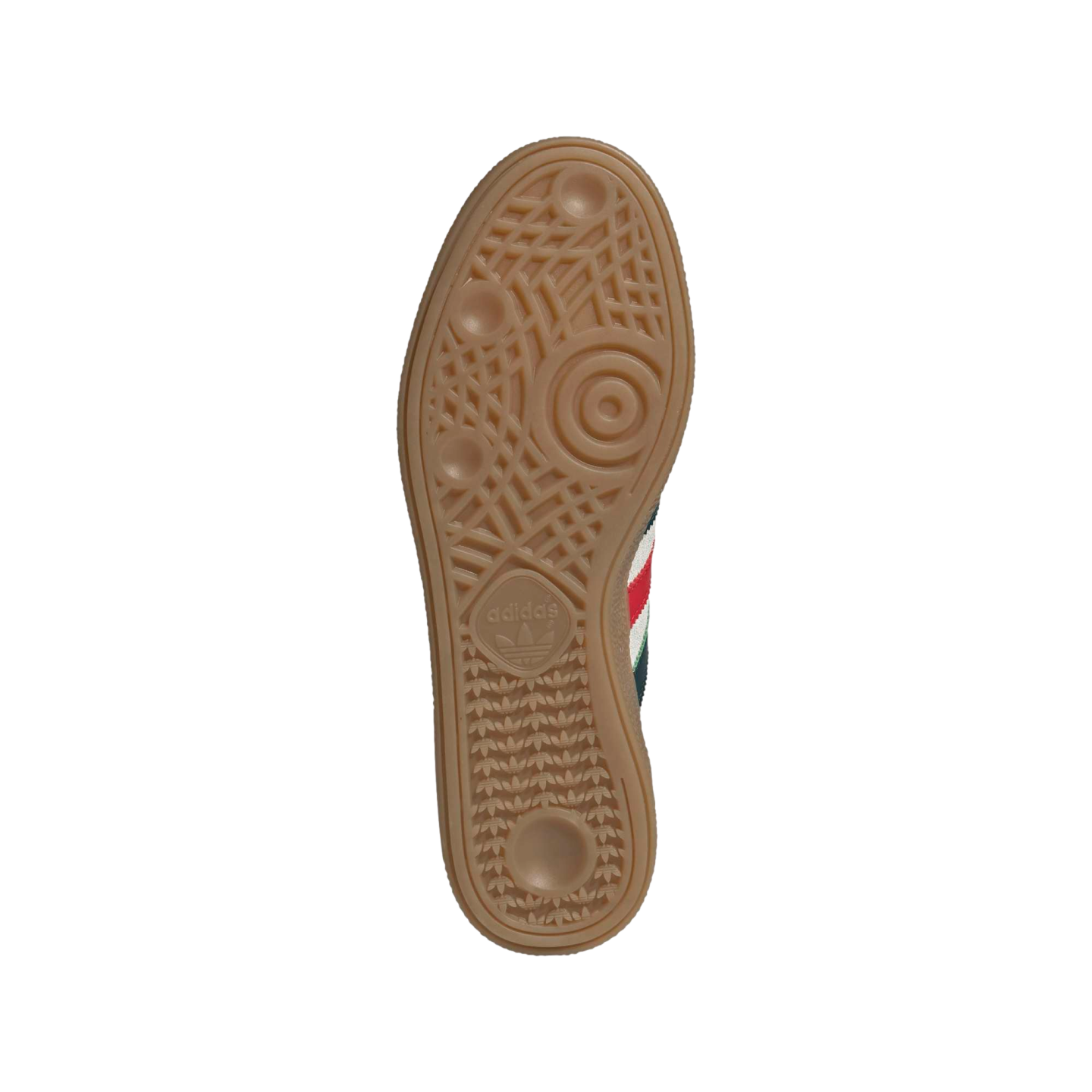Textured tan gum rubber outsole of an Adidas sneaker featuring an intricate tread pattern and logo.