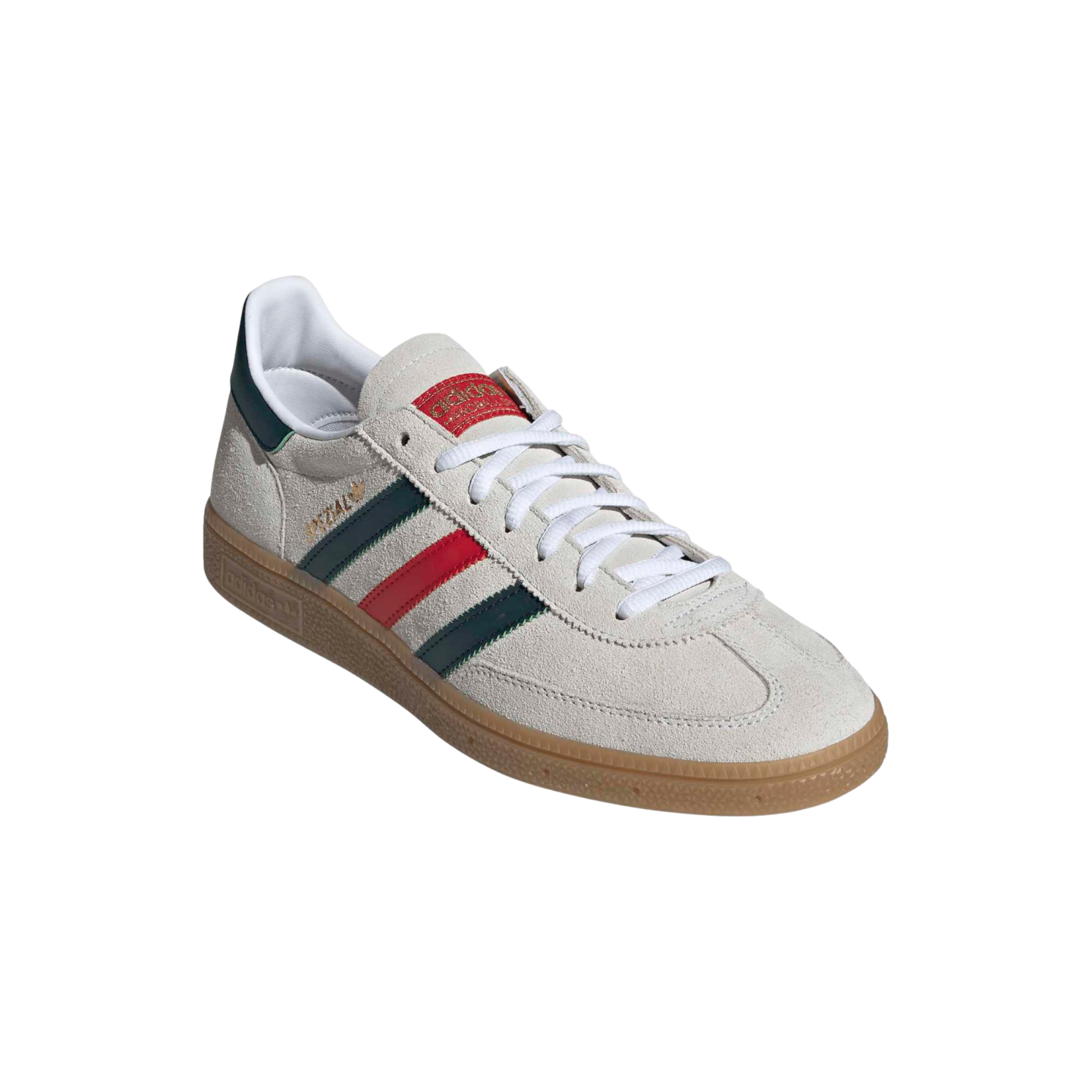 Light grey suede Adidas Spezial sneaker with green and red stripes and a gum rubber sole, isolated on a black background.
