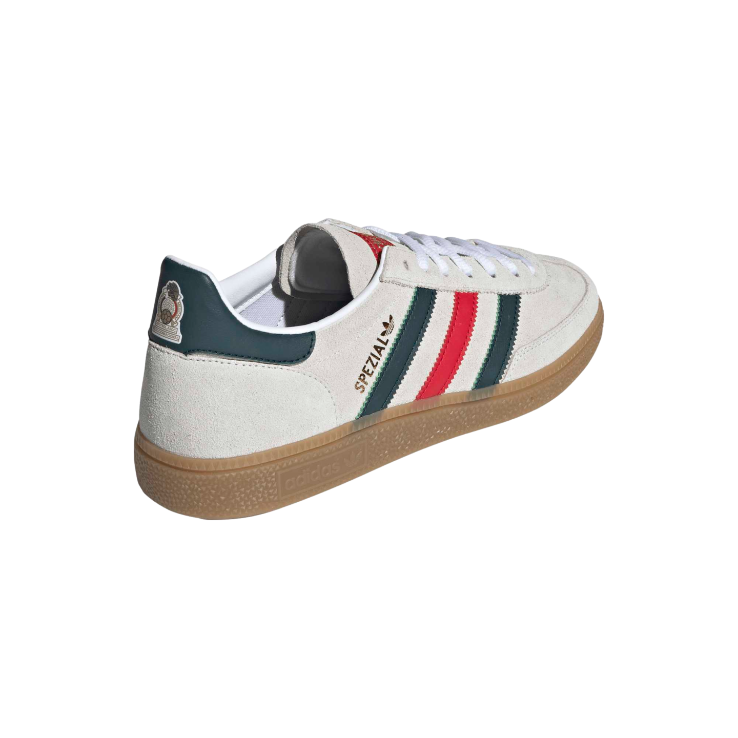 Off-white Adidas Spezial sneaker with green and red stripes and a gum sole. Rear three-quarter view shows a Mexican football crest on the green heel tab.