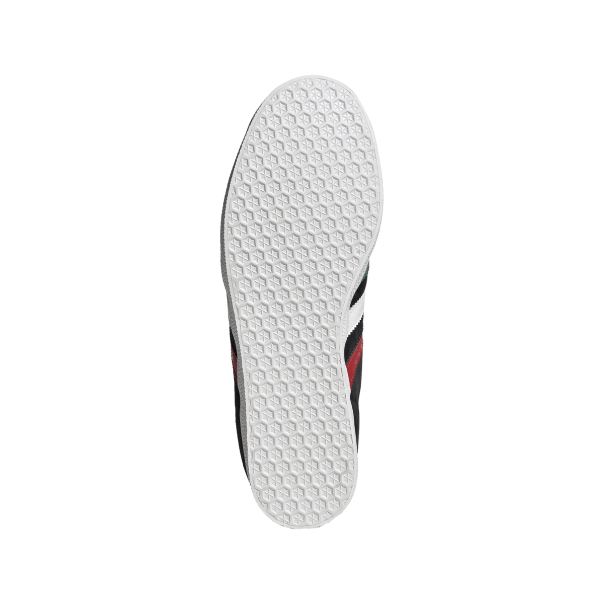 Top-down view of a white sneaker sole with a hexagonal grip pattern. Parts of the black upper with red and white stripes are visible against a solid black background.