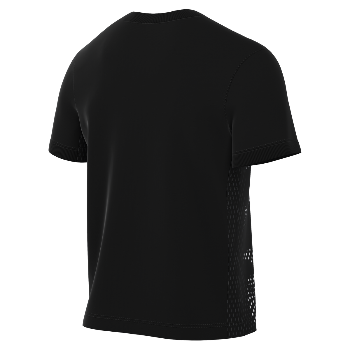 Rear view of a black short-sleeved t-shirt featuring a white perforated side panel and ribbed trim, against a black background.