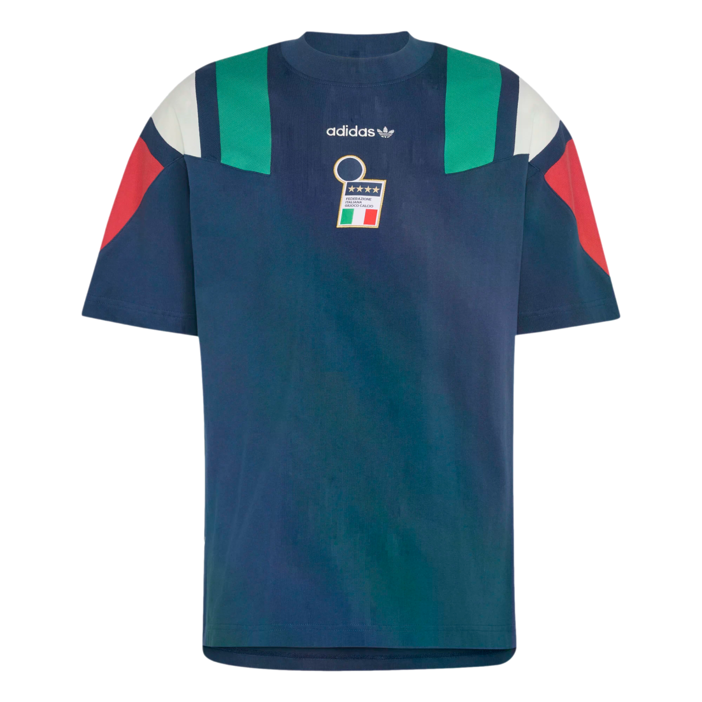 Navy blue Adidas t-shirt featuring the Italian national football team crest. The shoulders have green, white, and red color-blocked panels.