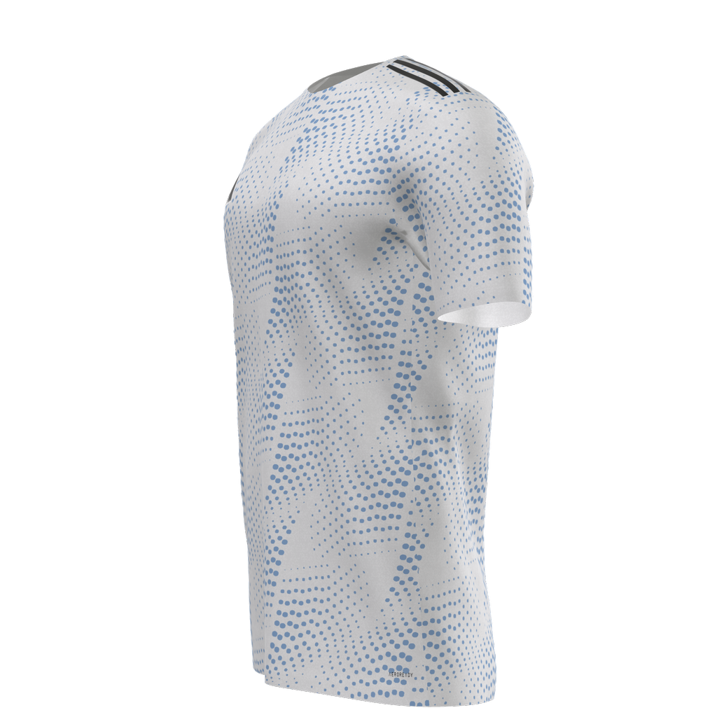 White athletic shirt with light blue dot patterns and three black shoulder stripes, shown in a side 3D profile.