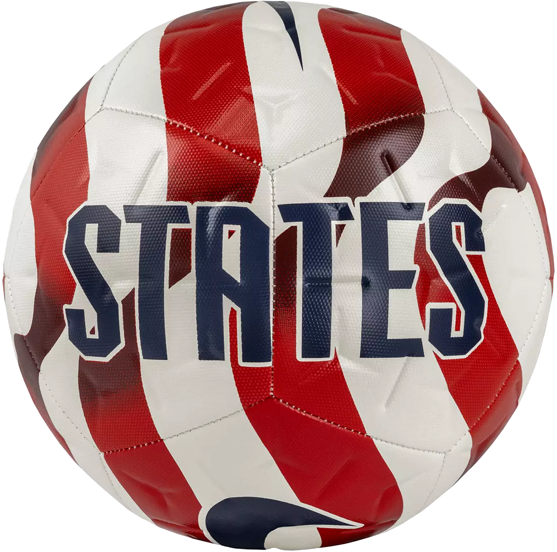 A soccer ball with red and white wavy stripes and the word "STATES" in bold blue lettering across the center.
