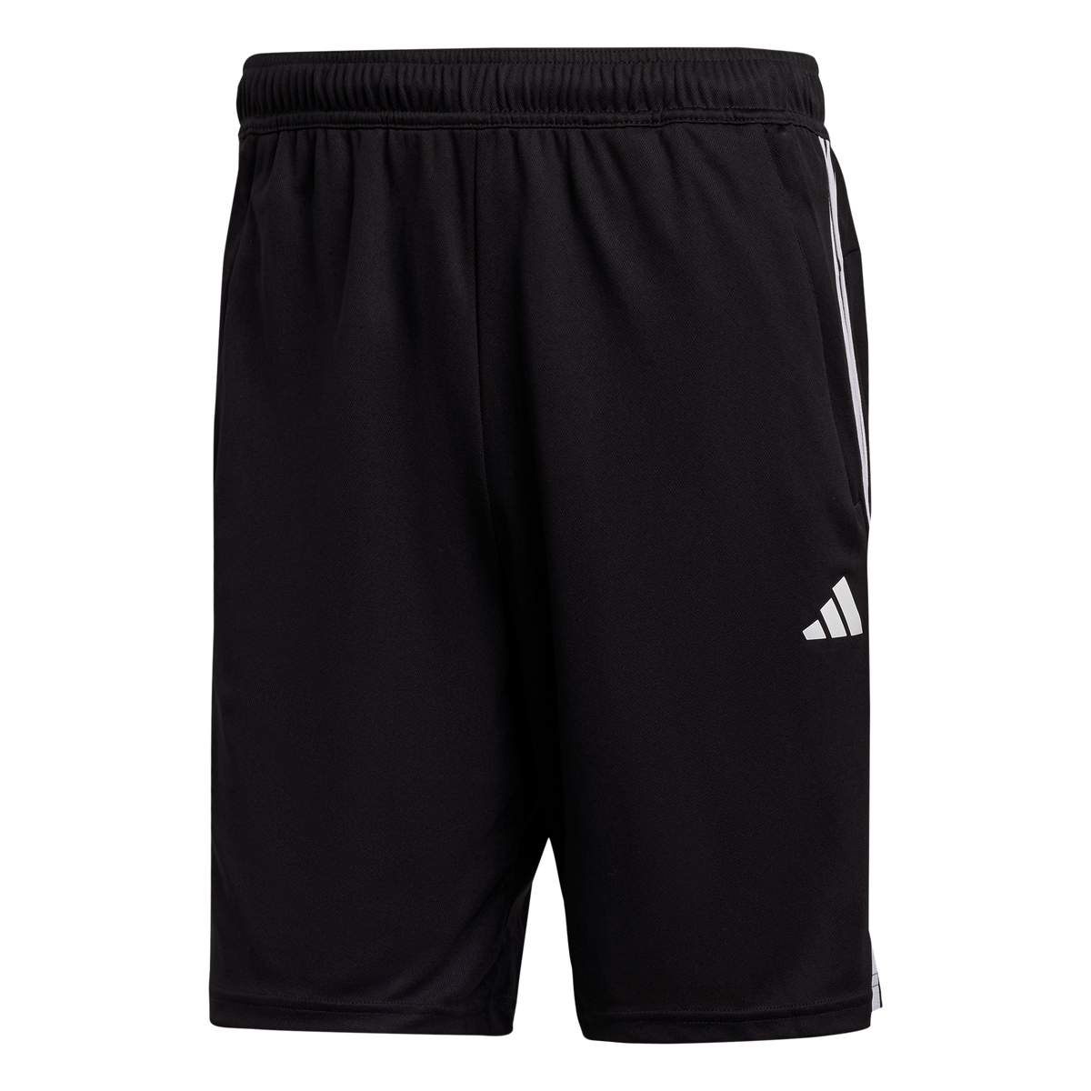 Black Adidas athletic shorts featuring an elastic waistband, white side stripes, and a white Adidas logo on the lower leg.