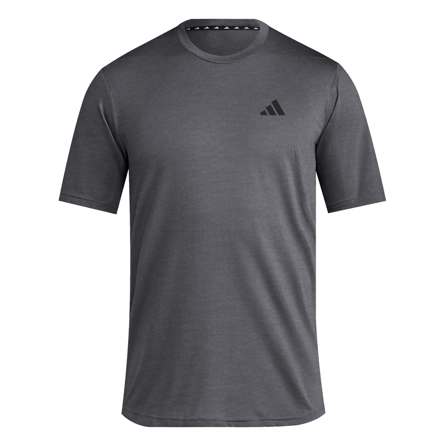 Dark grey heathered Adidas crew neck t-shirt with short sleeves and a small black logo on the left chest.
