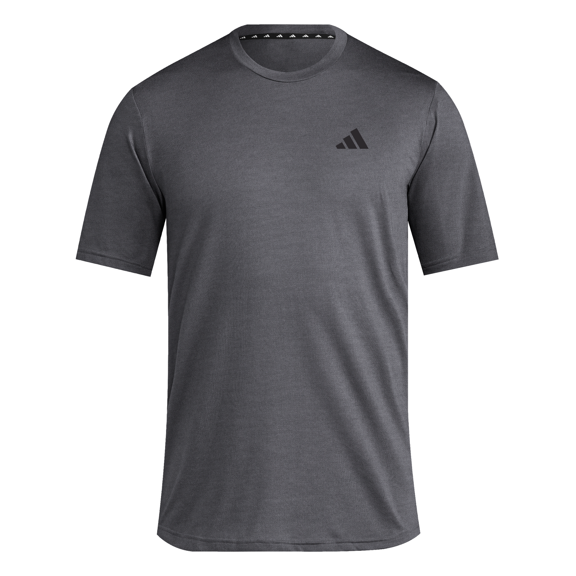 Dark grey heathered Adidas crew neck t-shirt with short sleeves and a small black logo on the left chest.