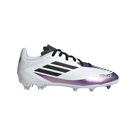 (ADID-IE9089) Botas de fútbol para terreno firme para jóvenes Adidas F50 League Messi [FTWWHT/CBLACK/UNIPUR] (lanzamiento el 24/10/10)