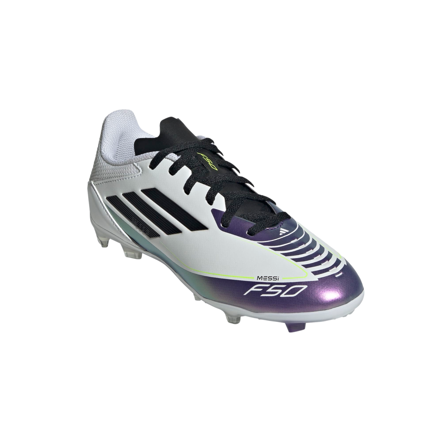 (ADID-IE9089) Botas de fútbol para terreno firme para jóvenes Adidas F50 League Messi [FTWWHT/CBLACK/UNIPUR] (lanzamiento el 24/10/10)