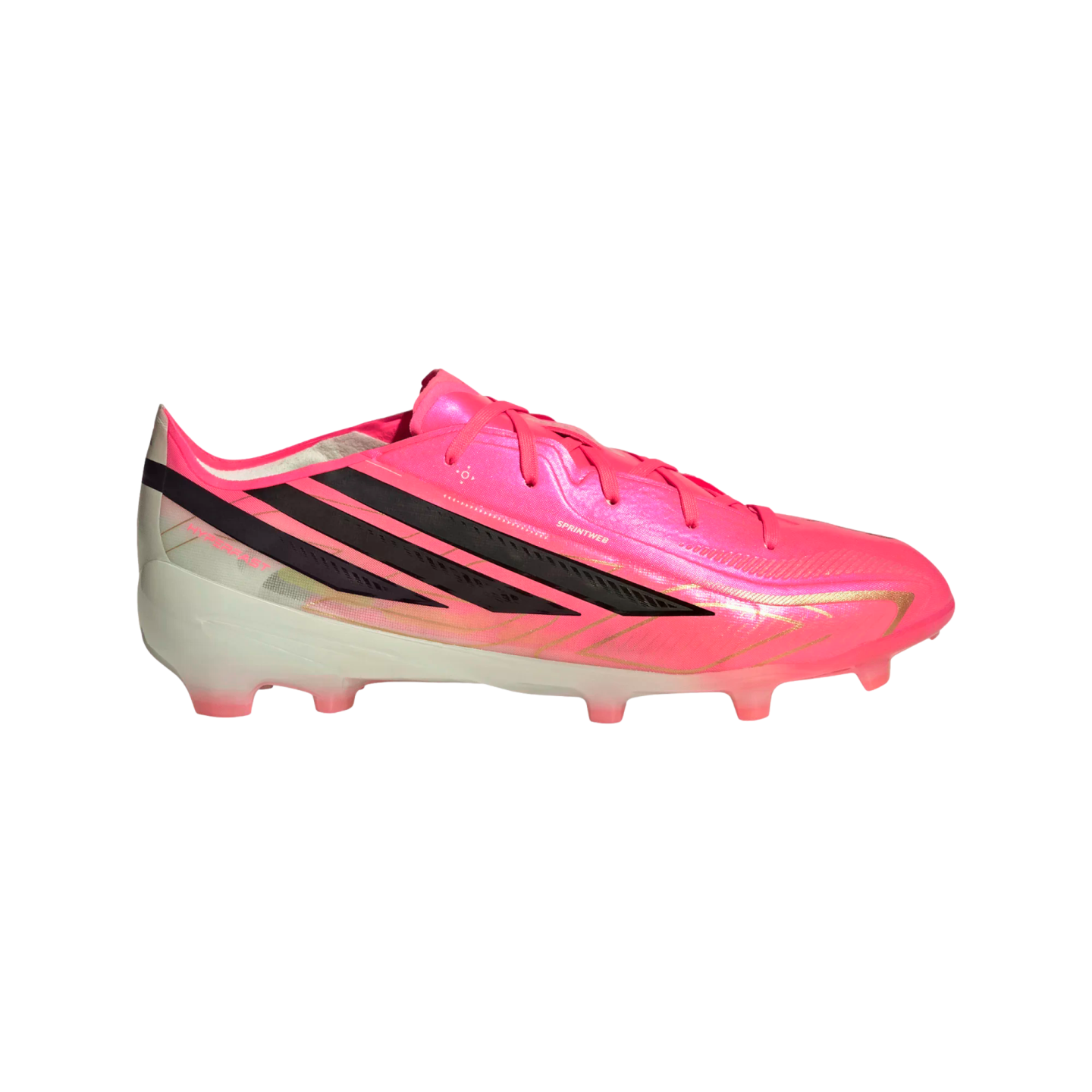 Side profile of a vibrant pink Adidas soccer cleat with three black stripes, gold accents, and a translucent white studded sole.