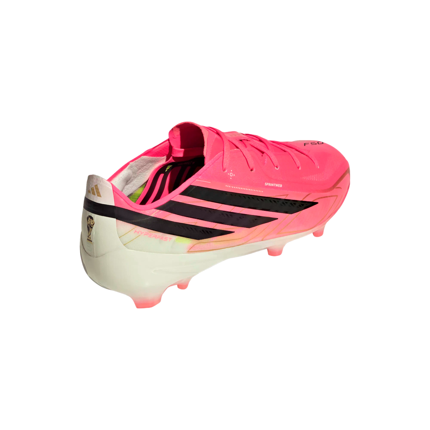 Rear side view of a pink and white Adidas F50 soccer boot with black stripes and World Cup branding on the heel.