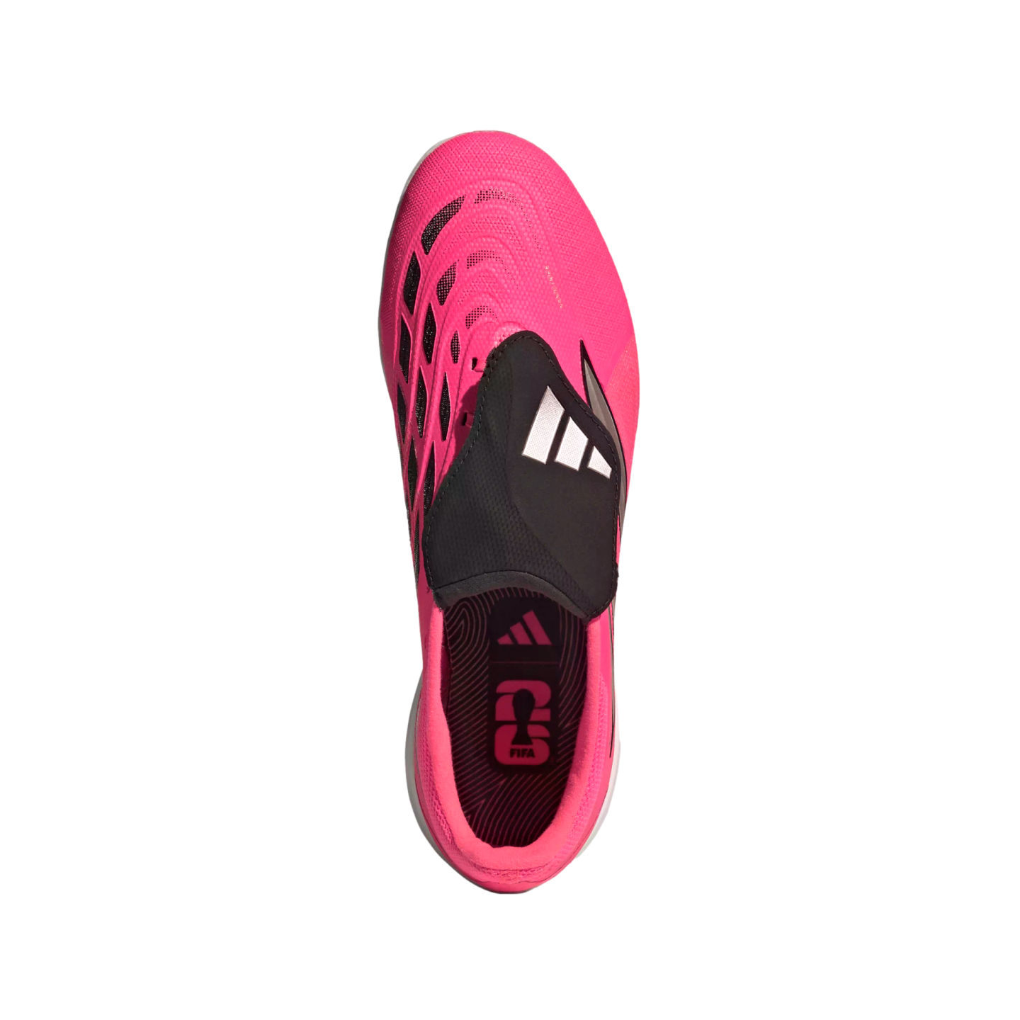 Top-down view of a bright pink Adidas soccer cleat with a black laceless shroud and white logo, set against a white background.