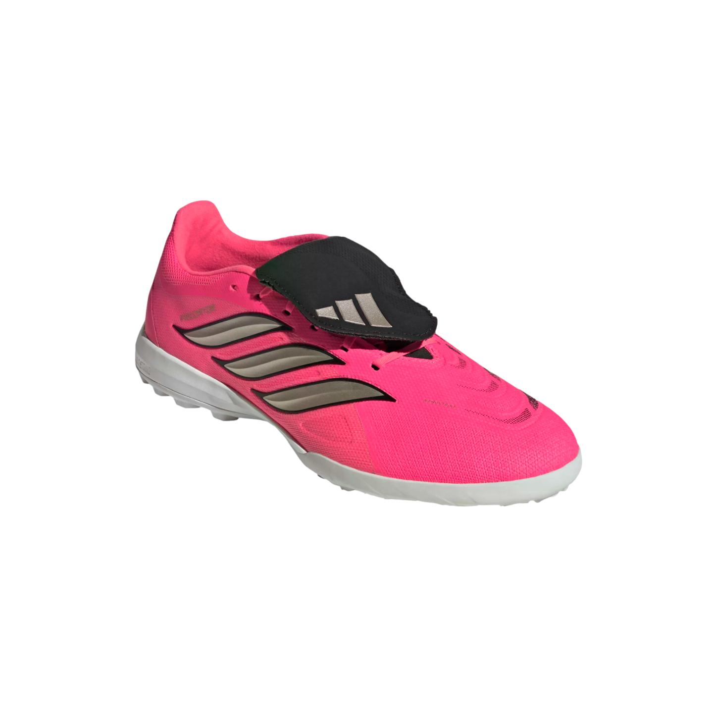 A bright pink Adidas Predator soccer shoe with a black fold-over tongue, silver stripes, and a white sole.
