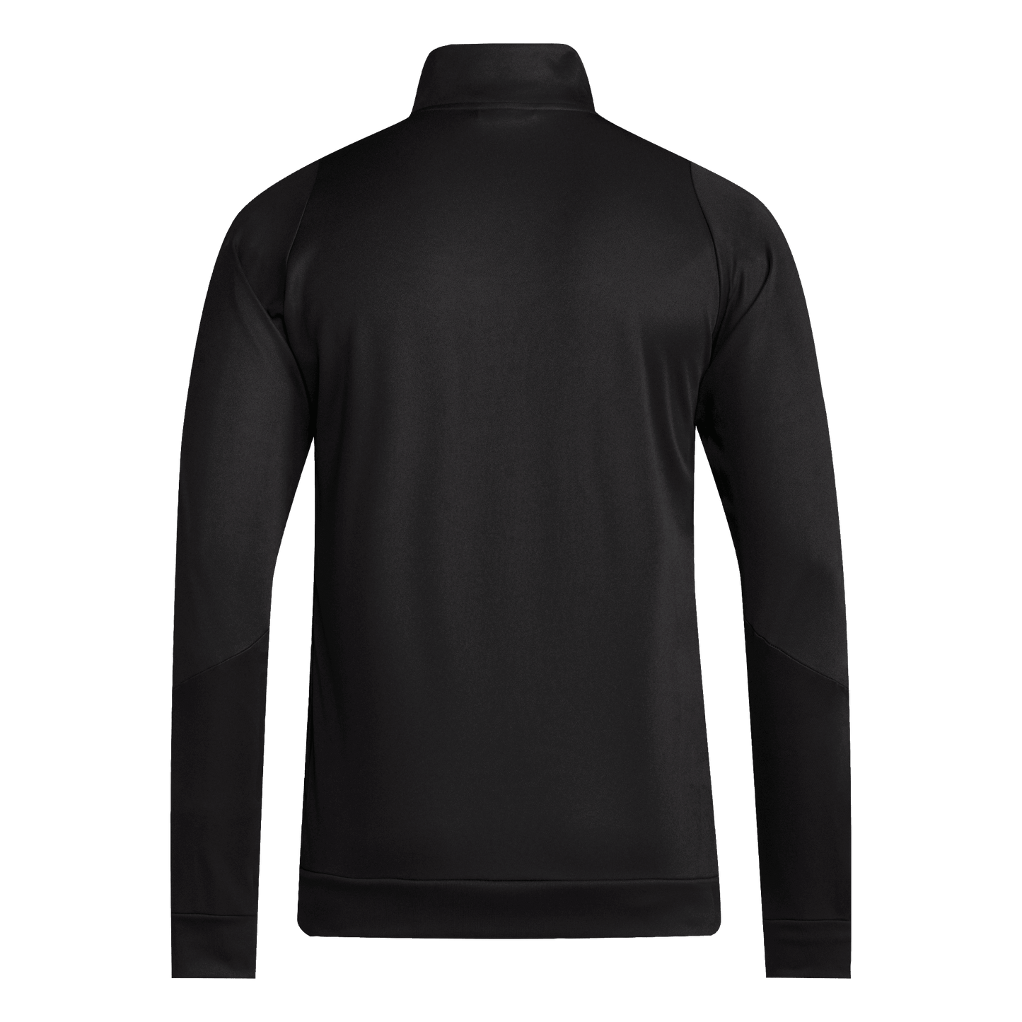 Back view of a black long-sleeved athletic jacket with a mock neck, raglan sleeves, and ribbed cuffs and hem.