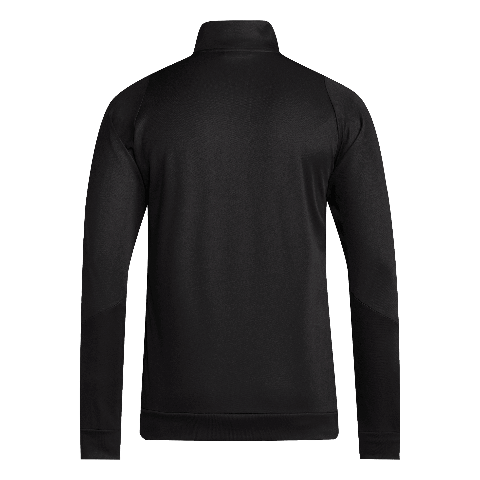 Back view of a black long-sleeved athletic jacket with a mock neck, raglan sleeves, and ribbed cuffs and hem.