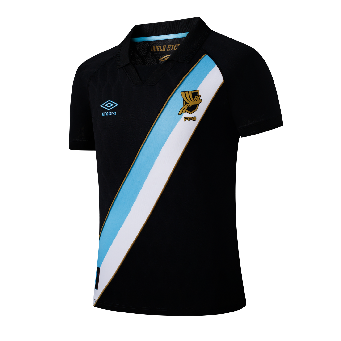 A black Umbro soccer jersey with a diagonal light blue and white sash. It features a gold team crest on the left chest and a light blue Umbro logo on the right chest.