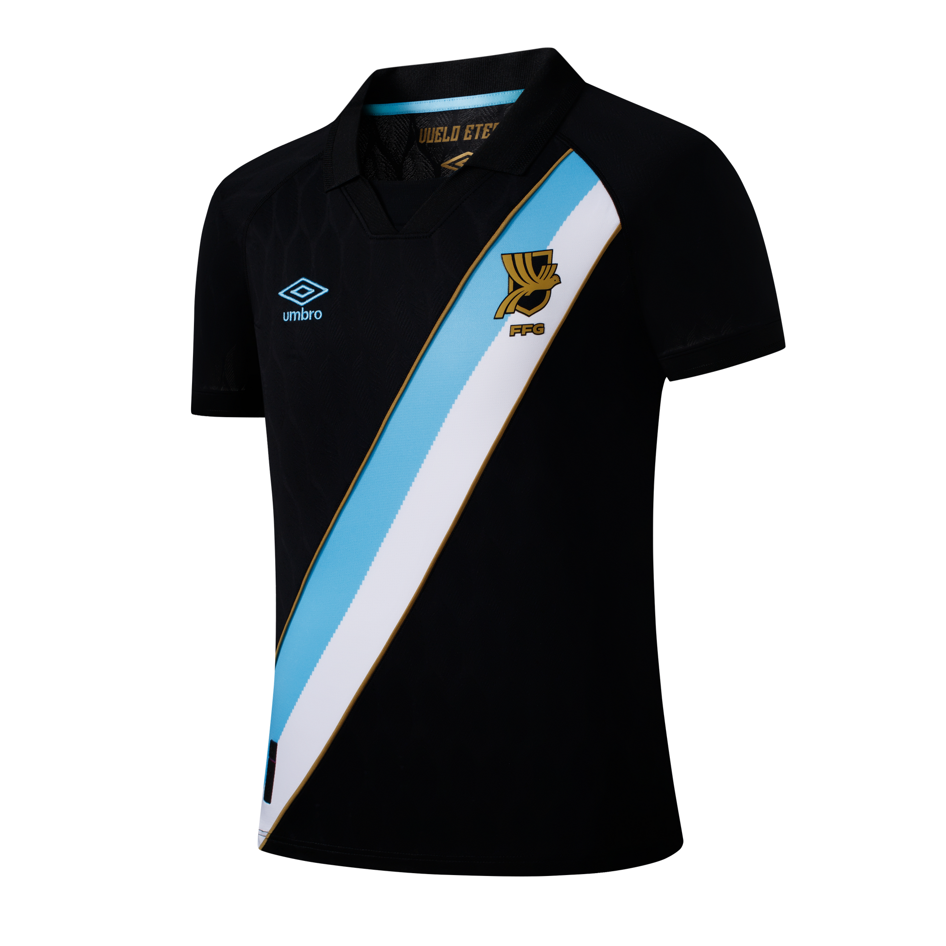 A black Umbro soccer jersey with a diagonal light blue and white sash. It features a gold team crest on the left chest and a light blue Umbro logo on the right chest.