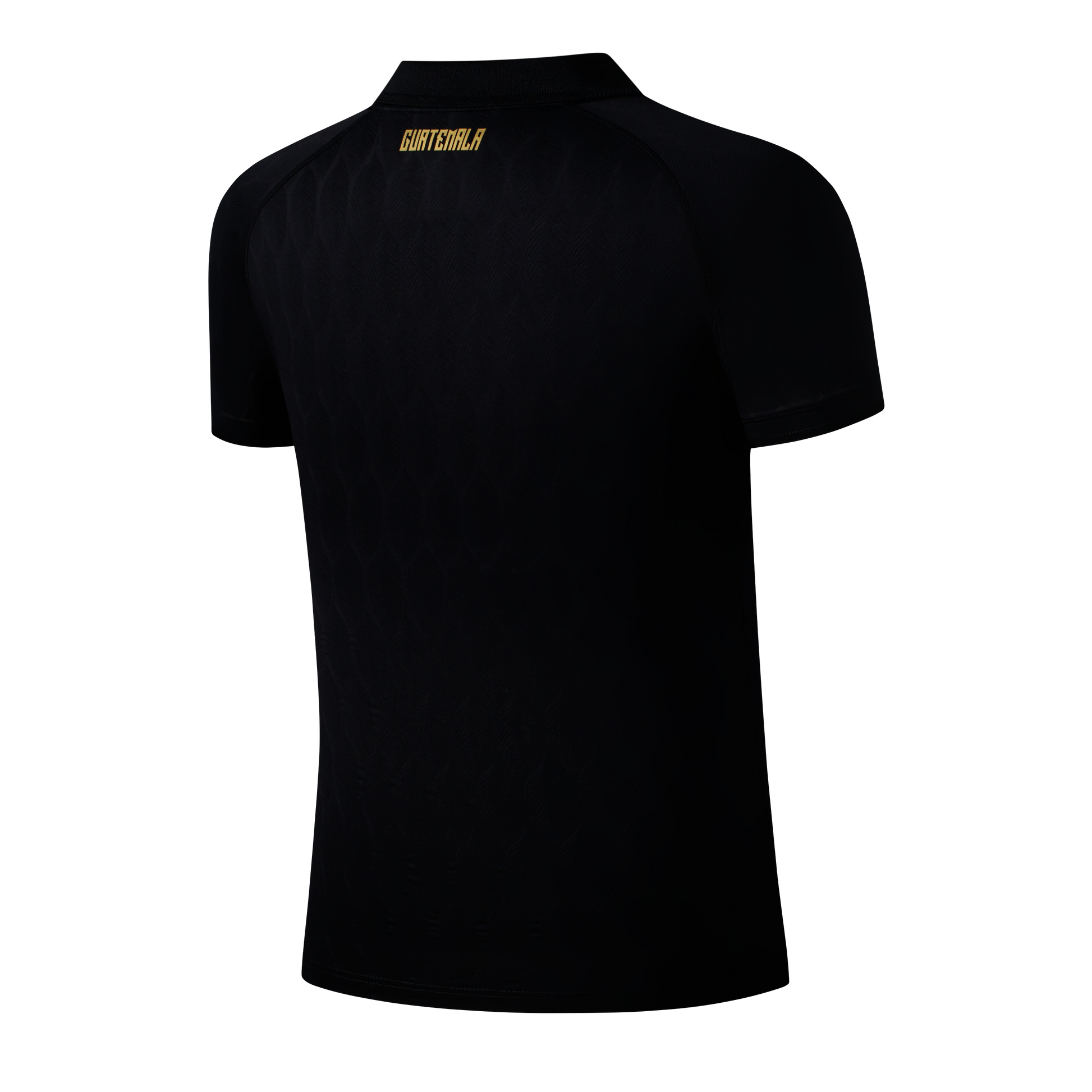 Back view of a black short-sleeved soccer jersey on a mannequin. "GUATEMALA" is printed in gold on the upper back.