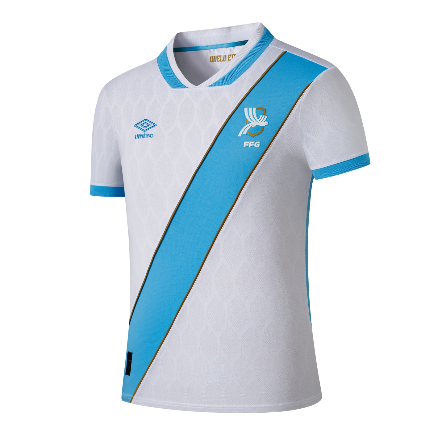 White Umbro soccer jersey with a diagonal light blue sash, gold trim, and bird crest. The white fabric features a subtle, embossed leaf-like pattern.