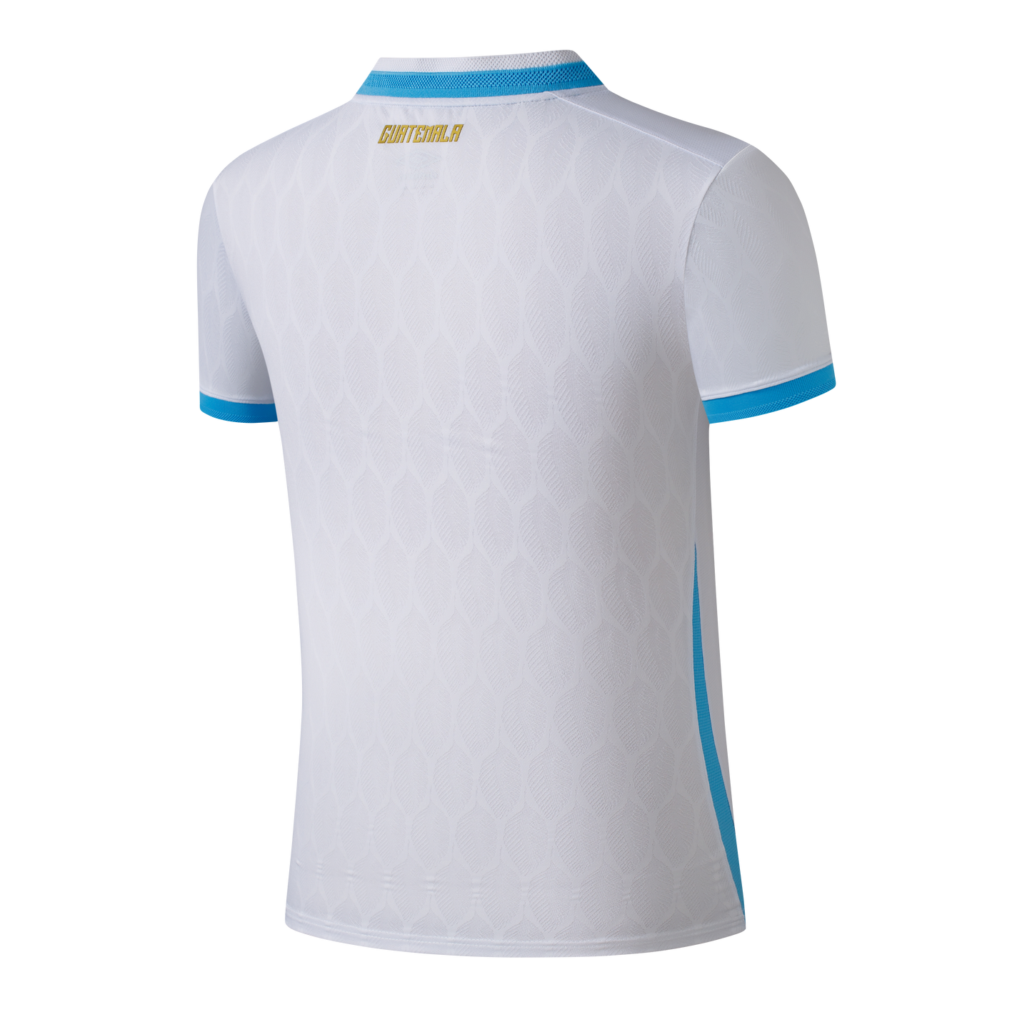 Back of a white sports jersey with light blue collar and sleeve trim. "GUATEMALA" is in gold lettering below the collar. The fabric has a tonal embossed pattern.