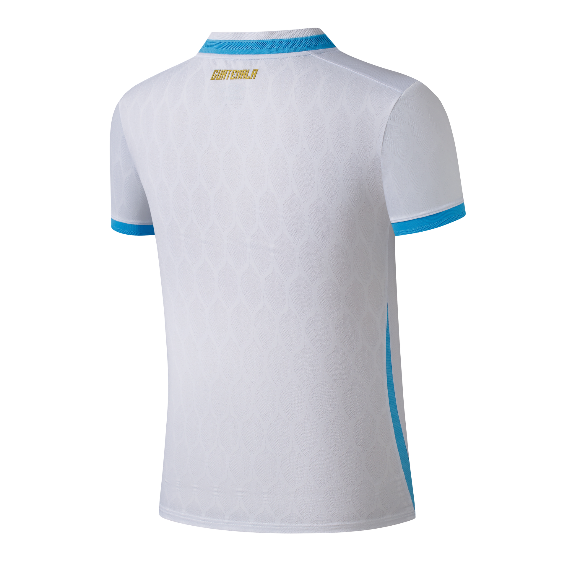 Back of a white sports jersey with light blue collar and sleeve trim. "GUATEMALA" is in gold lettering below the collar. The fabric has a tonal embossed pattern.