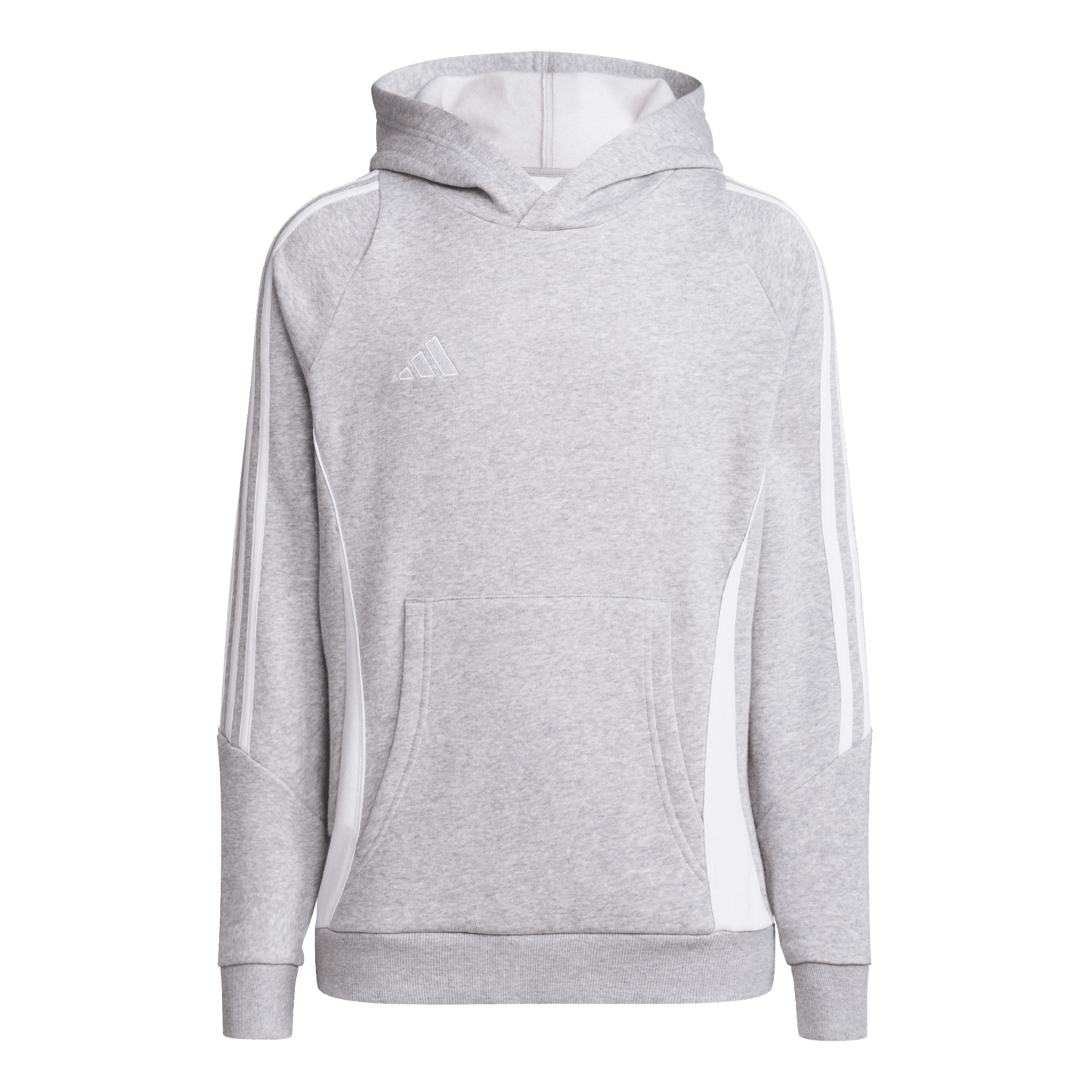 Light gray Adidas hoodie featuring white sleeve stripes, a small white chest logo, white side panels, and a front kangaroo pocket.