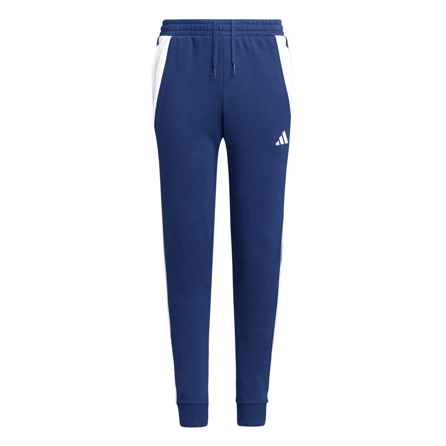 Blue Adidas sweatpants featuring white side panels near the waist, a white logo on the left thigh, a drawstring waist, and ribbed ankle cuffs.