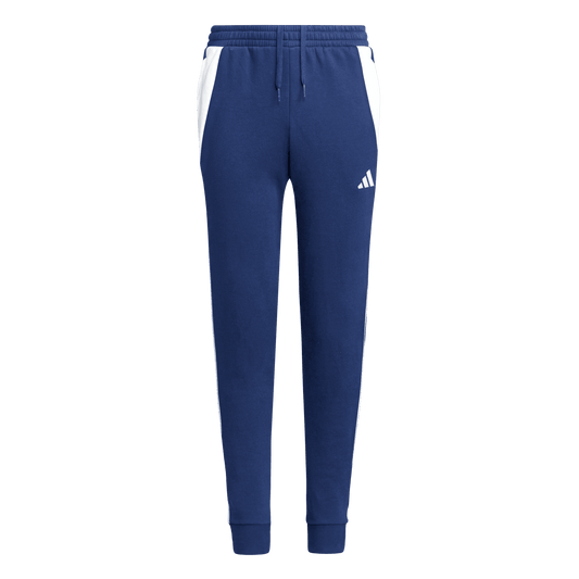 Blue Adidas sweatpants featuring white side panels near the waist, a white logo on the left thigh, a drawstring waist, and ribbed ankle cuffs.