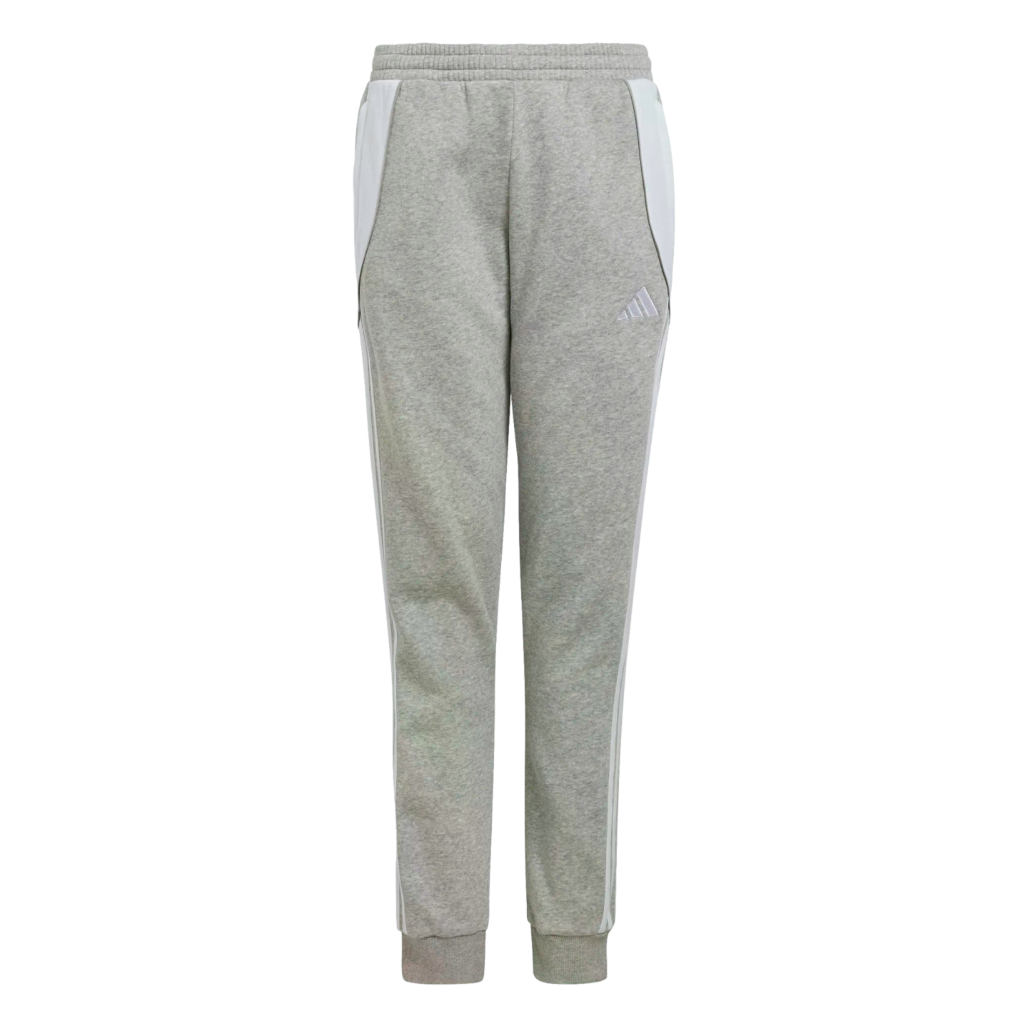 Front view of grey Adidas track pants with white side panels, signature three-stripes down the legs, an elastic waistband, and ribbed ankle cuffs.