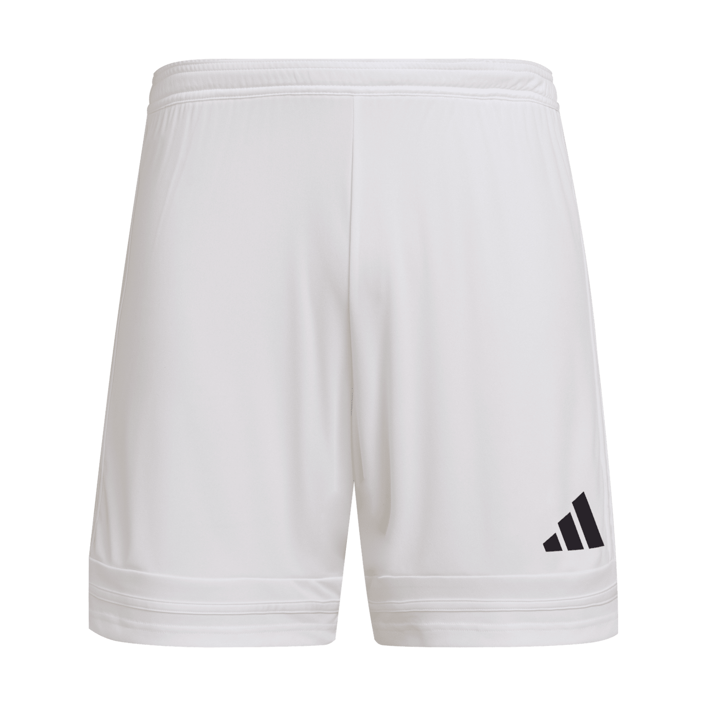 White Adidas athletic shorts featuring an elastic waistband and a black logo on the bottom of the right leg.