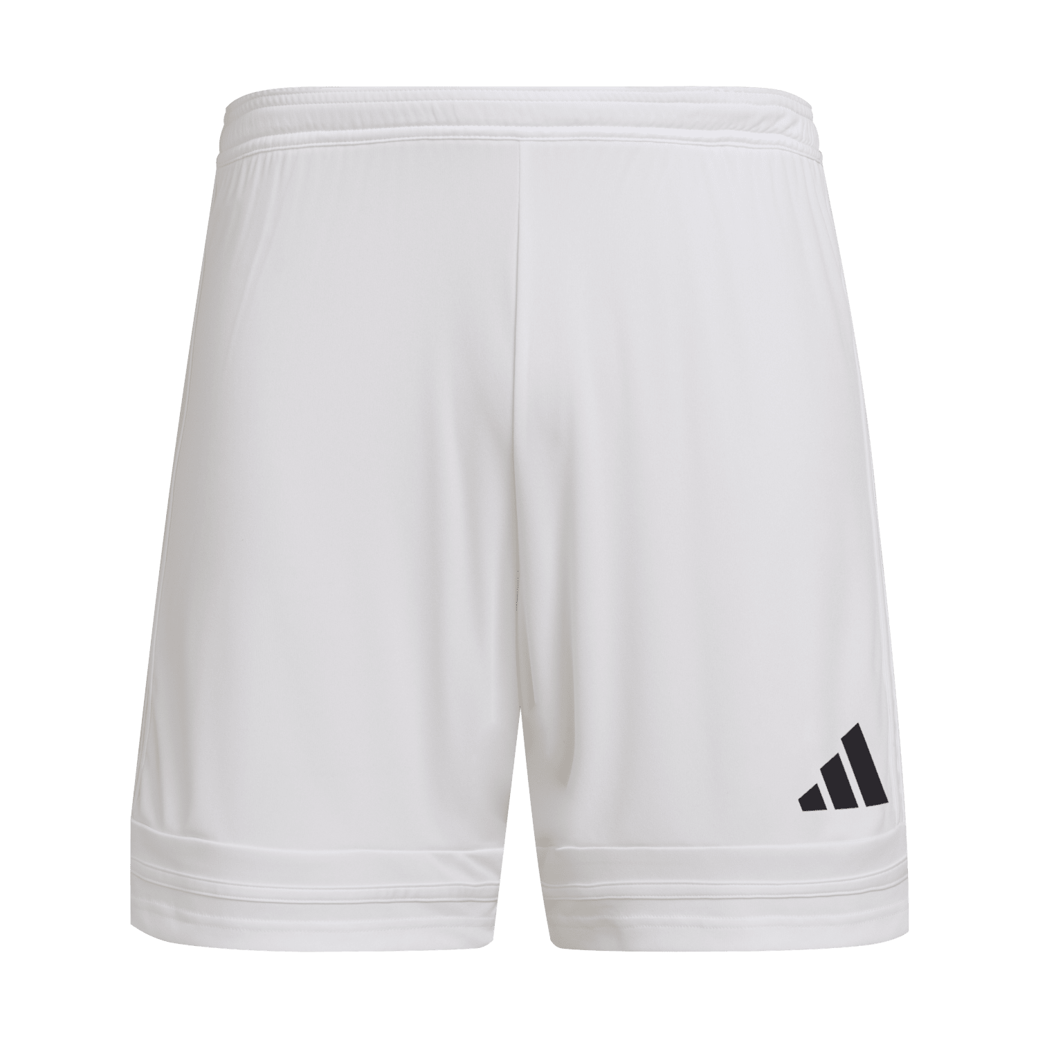 White Adidas athletic shorts featuring an elastic waistband and a black logo on the bottom of the right leg.