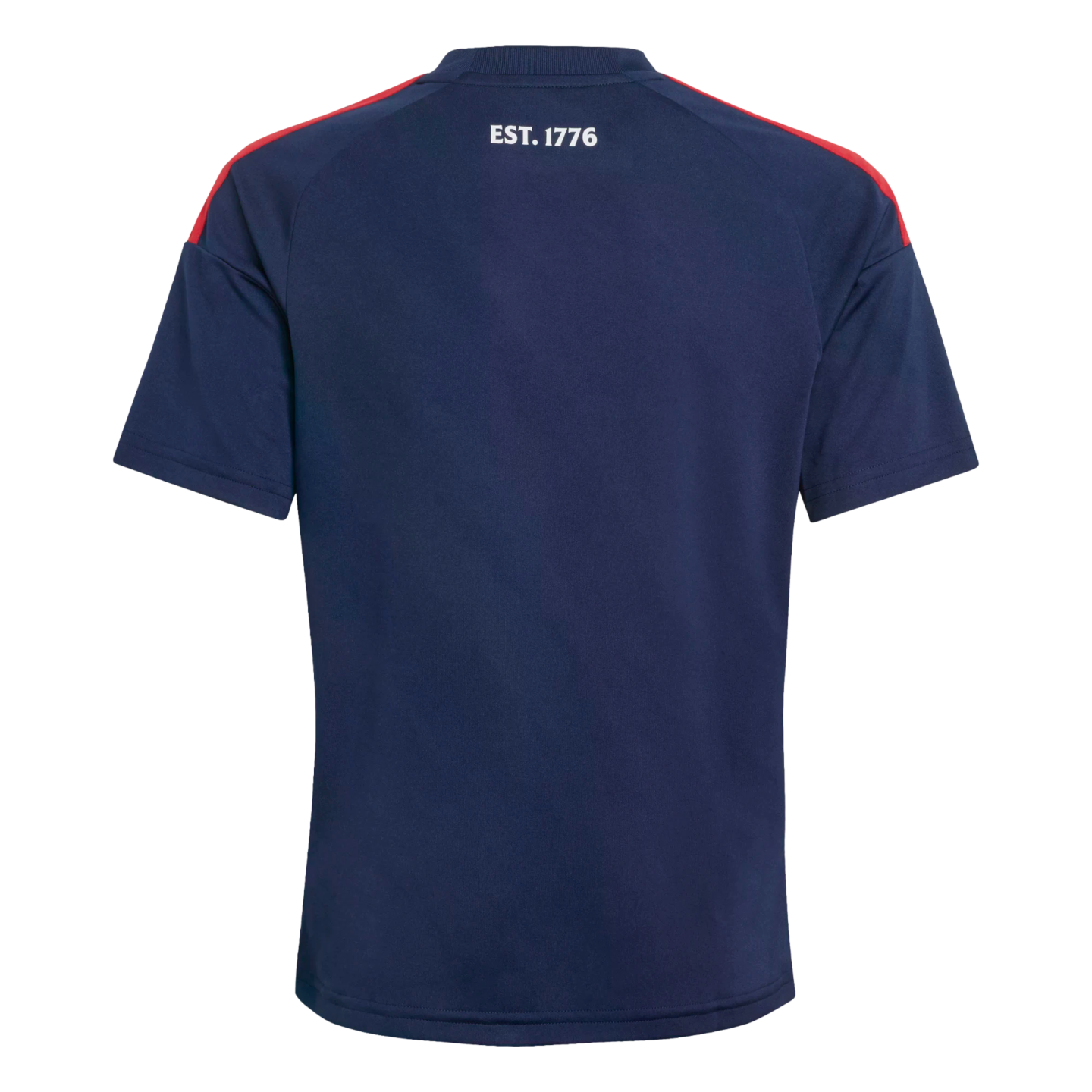 Back view of a navy blue athletic shirt with red shoulder stripes and white "EST. 1776" text near the collar.