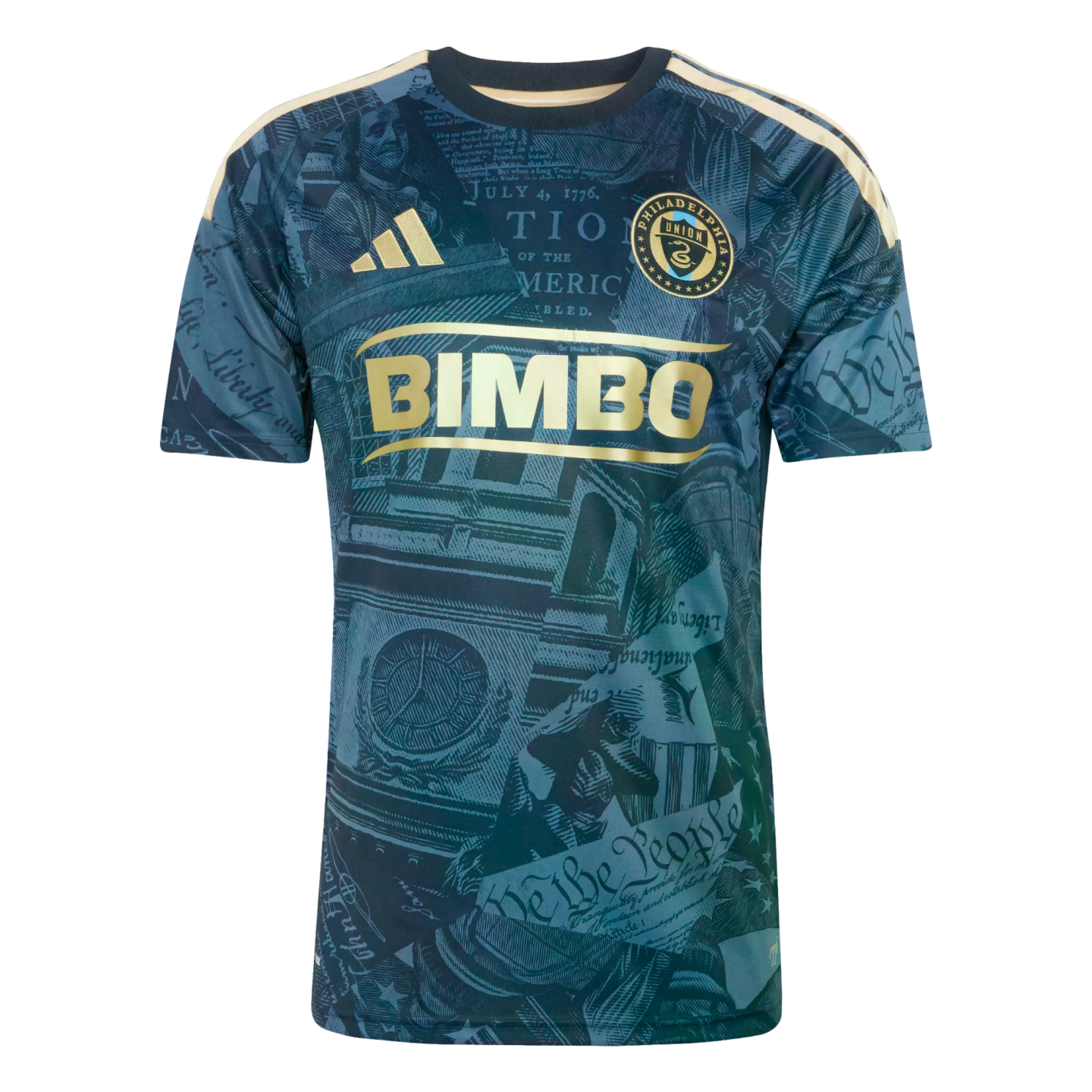 Navy and gold Philadelphia Union soccer jersey featuring a graphic print of historical Philadelphia landmarks and documents, including Independence Hall and the Constitution.