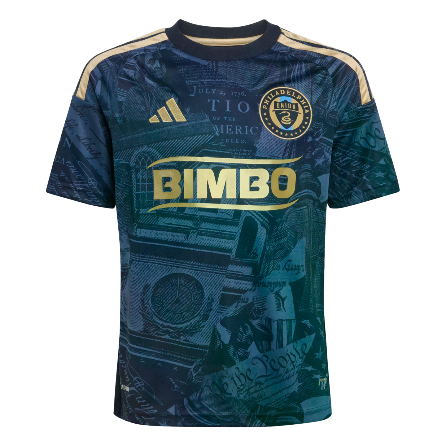 A dark navy and teal Philadelphia Union soccer jersey with gold accents, featuring a graphic print of historical Philadelphia documents like the Declaration of Independence.