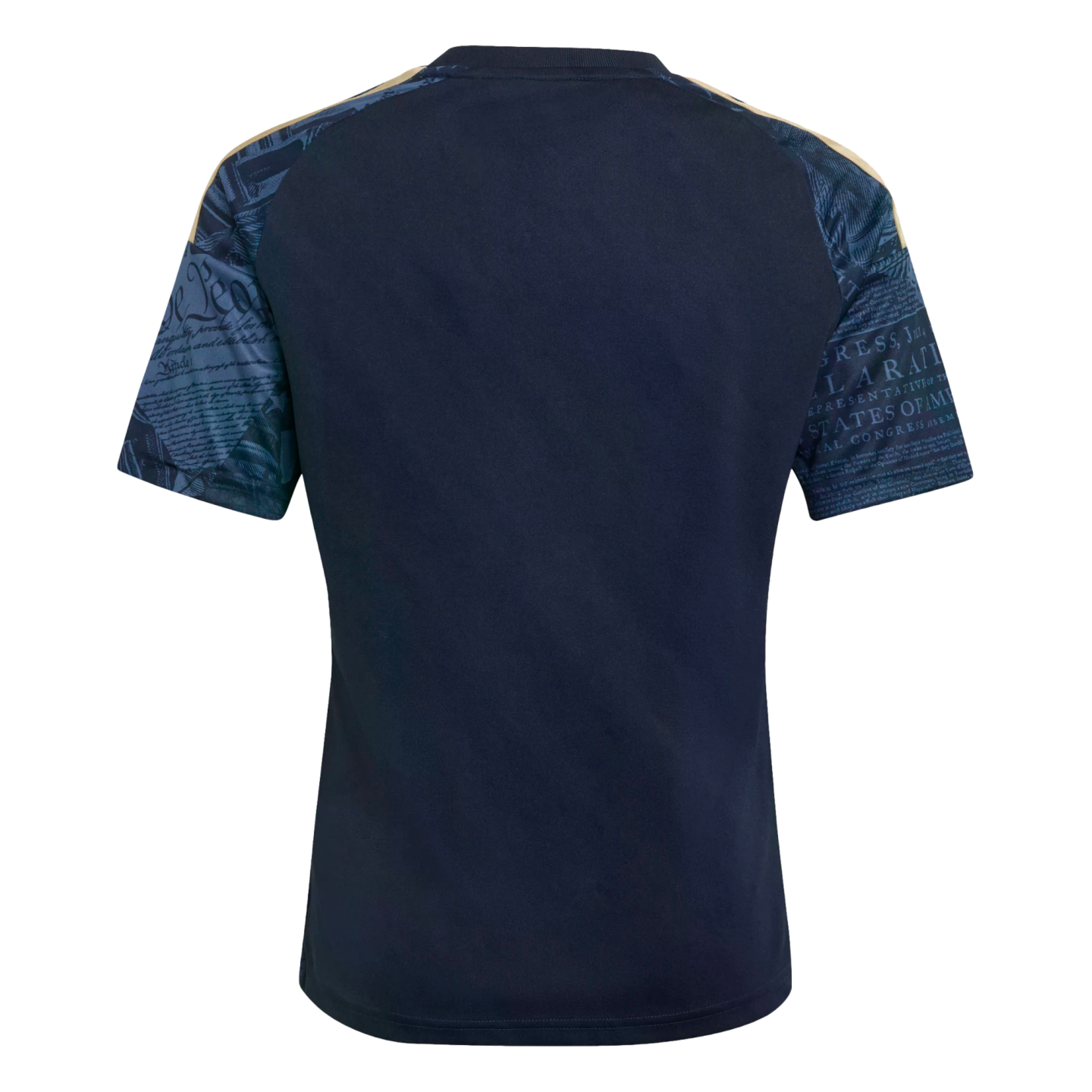 Back of a navy blue shirt with short sleeves displaying a light blue graphic print of the U.S. Constitution and Declaration of Independence.