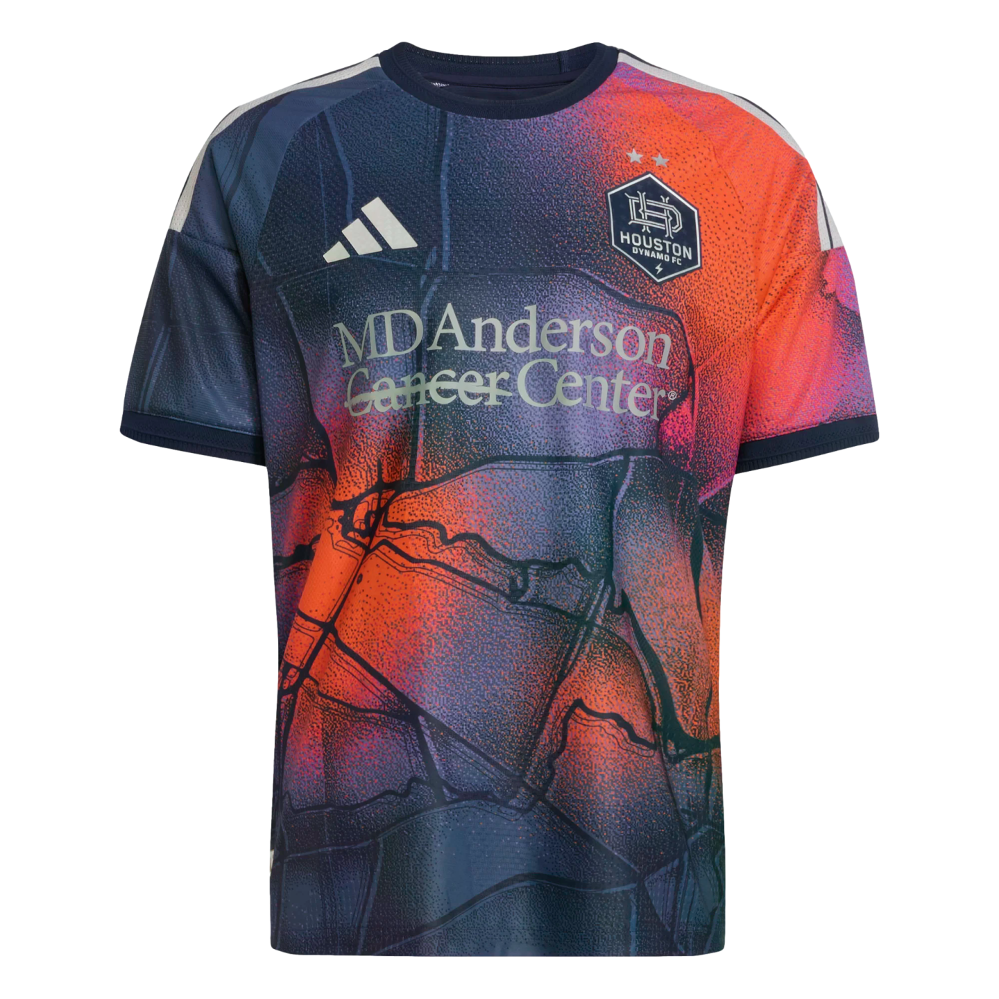 Houston Dynamo FC soccer jersey with an abstract orange, blue, and purple pattern, featuring the team crest and MD Anderson Cancer Center sponsor logo.