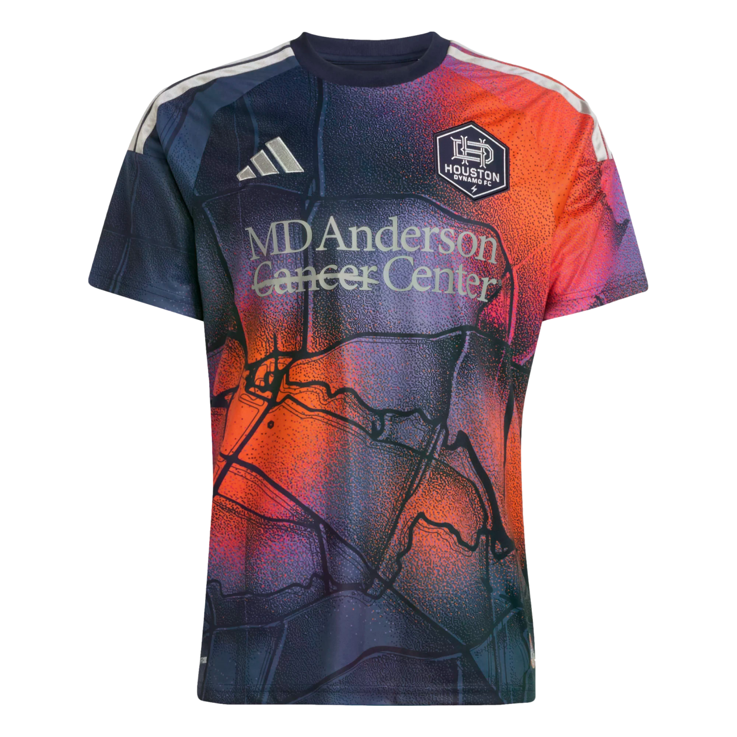A Houston Dynamo FC soccer jersey by Adidas with a blue and orange abstract pattern. Features the team crest and "MD Anderson Cancer Center" sponsor logo.